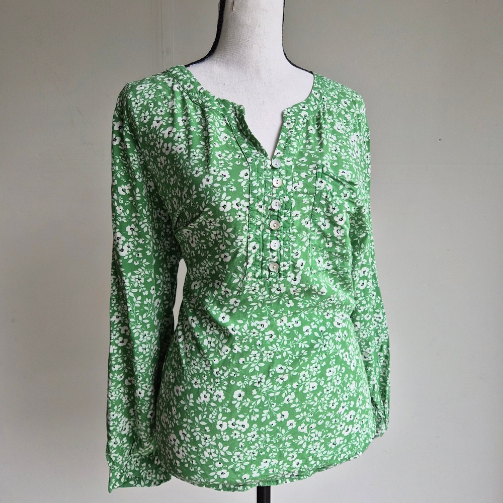 J Jill Floral Blouse Women L Petite Cottagecore Fairycore Henley Green Fairycore